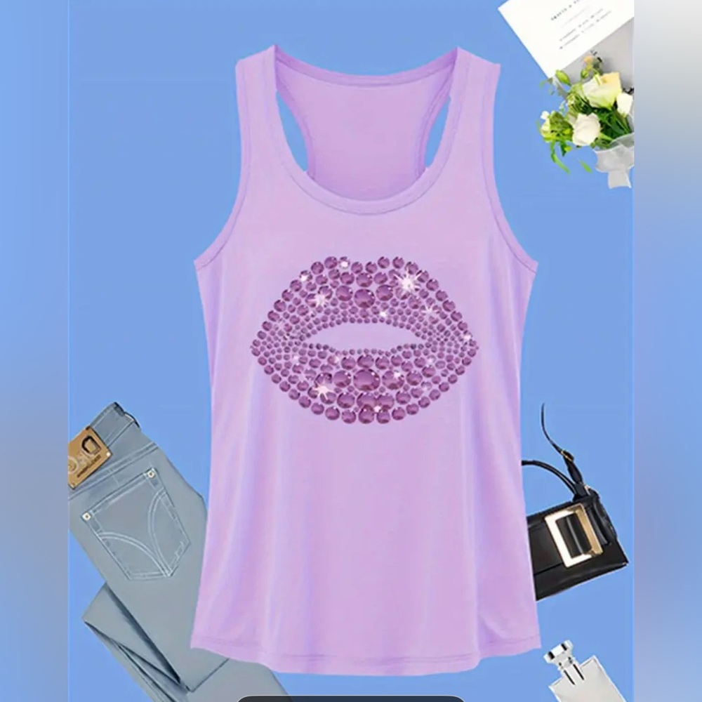 Purple Rhinestone Lip Tank Top